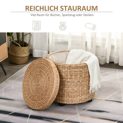 Footstool with storage, removable lid, straw rattan, khaki