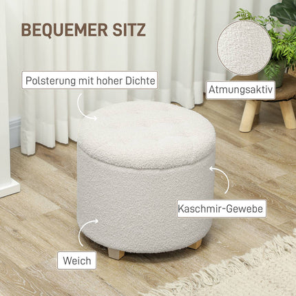 Taburet s úložným prostorem, s víkem, kulatá podnožka, úložný box, dřevěné nohy, bílá