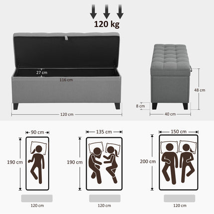 Storage Bench with Cushion, 120x40x48 cm, Dark Grey Linen