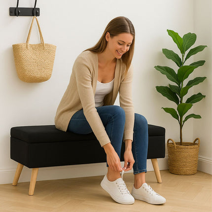 Storage Bench with Linen Upholstery, Wood Legs