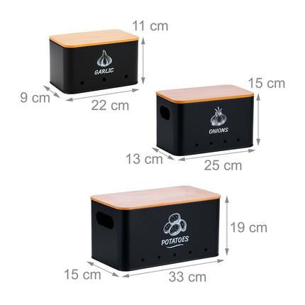 Úložný box, sada 3 ks, kov s bambusovými víky
