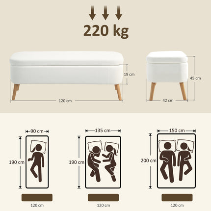 Úložný taburet, 65L, fleece, kaučukové dřevo, 120x42x45 cm, krémová