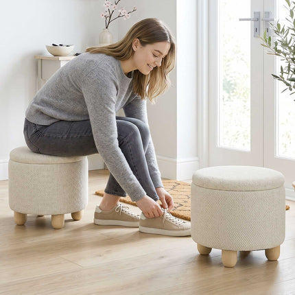 Storage Ottoman with Reversible Lid, Beige Linen, 38.5x33.5 cm