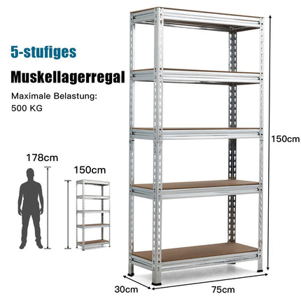 Úložný regál s 5 nastavitelnými policemi, robustní regál, nosnost až 500 kg, 150 x 75 x 30 cm
