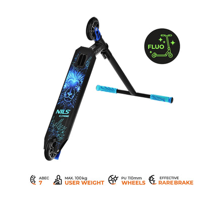 Freestyle koloběžka, PU kolečka 110mm, ABEC-7, grafika modrý lev
