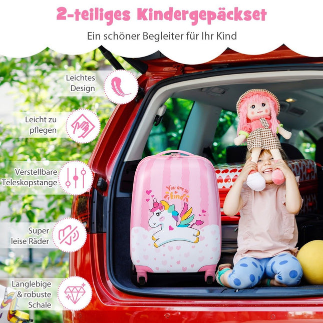 Sada kufrů 2 kusy jednorožec, dětský kufr 16'' + batoh 12'', růžová