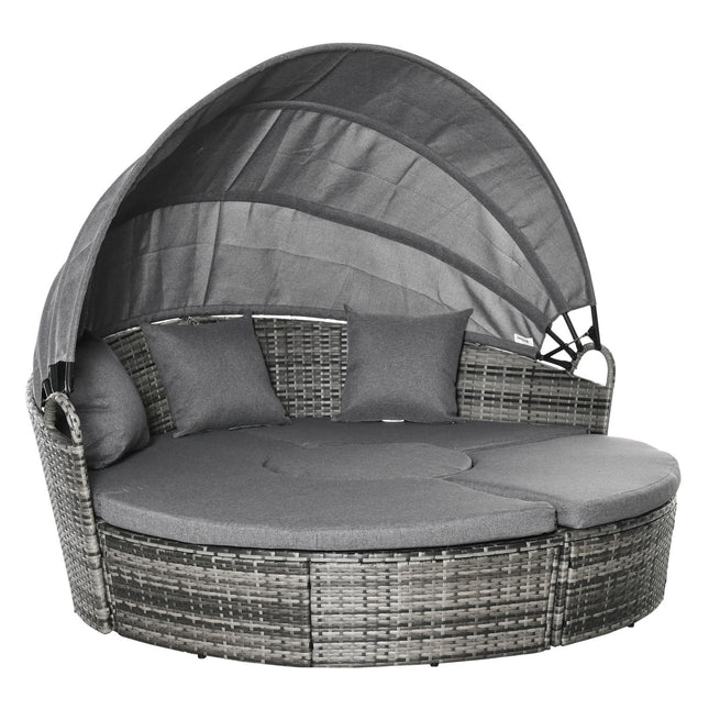 Ratanový lounge set se stříškou, polštáři a stolem, šedá