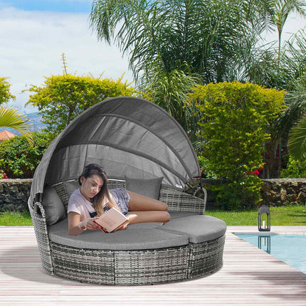 Rattan lounge set with canopy, cushions and table, grey
