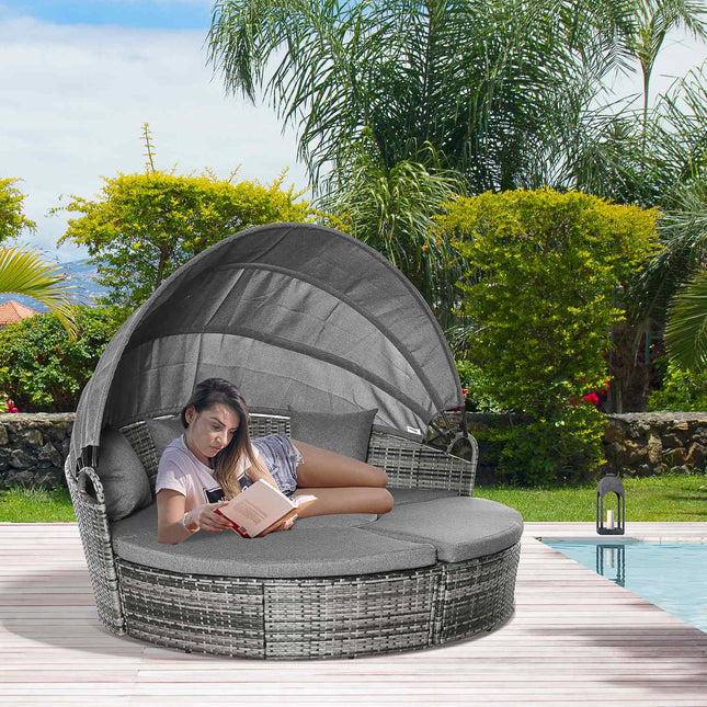 Ratanový lounge set se stříškou, polštáři a stolem, šedá