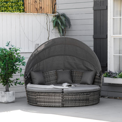 Rattan lounge set with canopy, cushions and table, grey