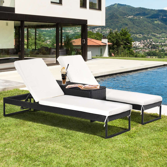 Adjustable sun lounger set: 3-piece, rattan & polyester, black/cream