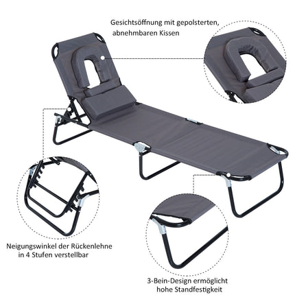 Sun lounger with face opening, grey, garden relaxation