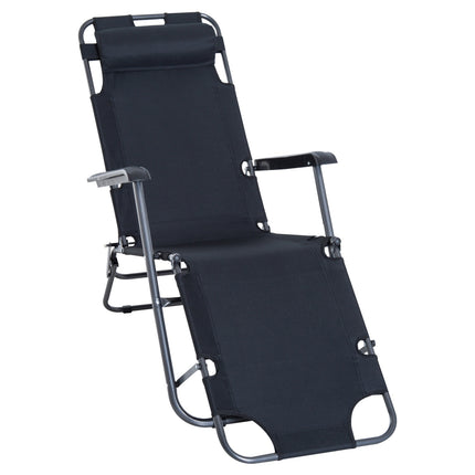 Folding sun lounger with cushion, metal frame, black