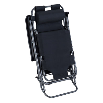 Folding sun lounger with cushion, metal frame, black