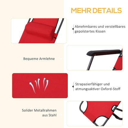 Folding sun lounger with cushion, metal frame, red fabric