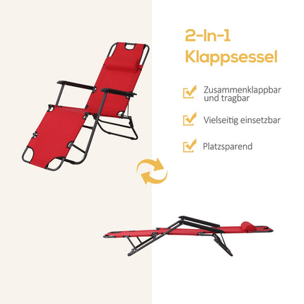 Folding sun lounger with cushion, metal frame, red fabric