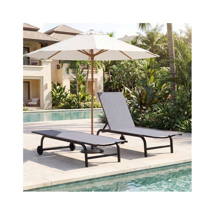 Sun Lounger with Wheels and 6-Position Adjustable Backrest, Grey, Flat 180°