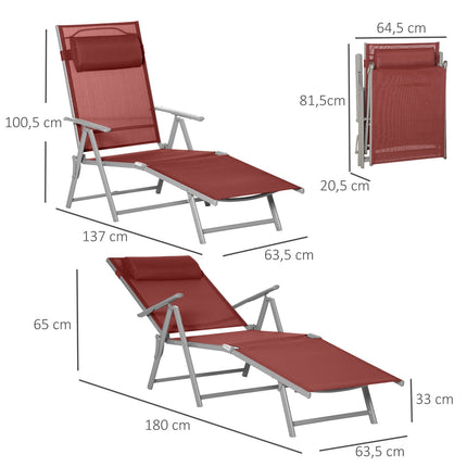 Adjustable sun lounger with cushion, burgundy, 137x63.5x100.5 cm