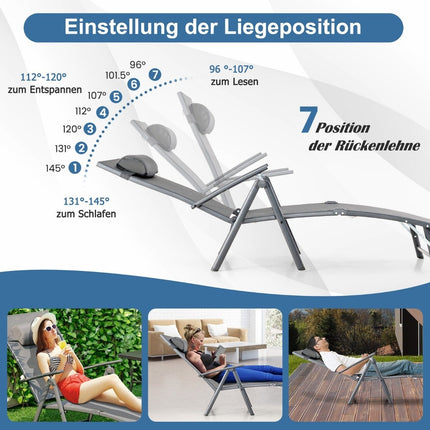 Sonnenliege Gartenliege mit Kopfstütze 7 verstellbare Rückenlehnen grau