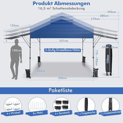 Stan proti slunci, pop-up přístřešek 300 x 537 x 270-290 cm, modrá