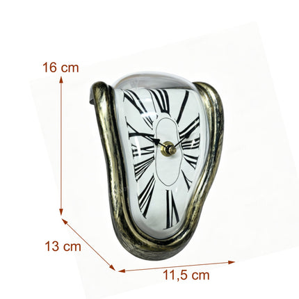 Surrealistické bronzové stolní hodiny – prohnutý design, 16 cm