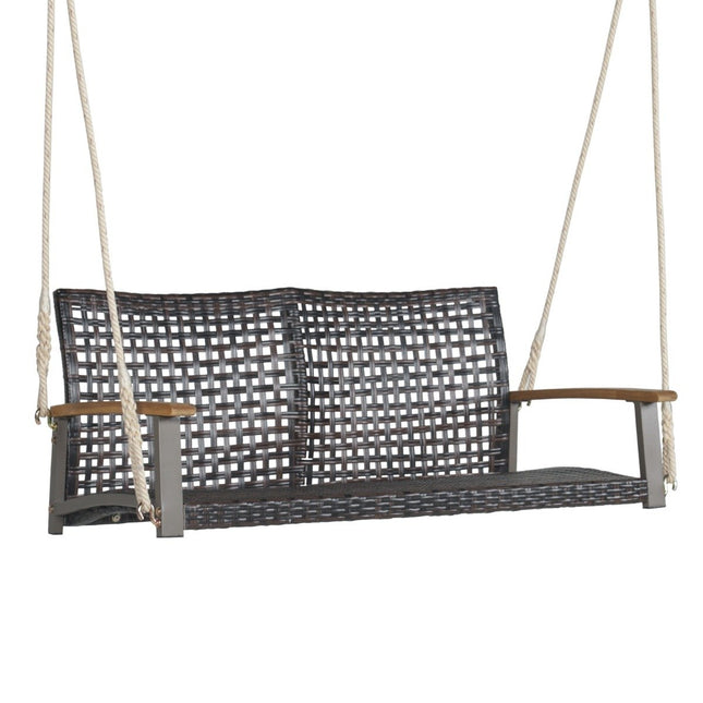 Houpací lavice venkovní závěsná lavice z PE ratanu se 2 lany 131 x 68 x 54 cm