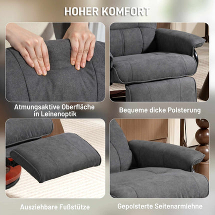 Otočné polohovací křeslo, vzhled lnu, opěrka nohou, šedé