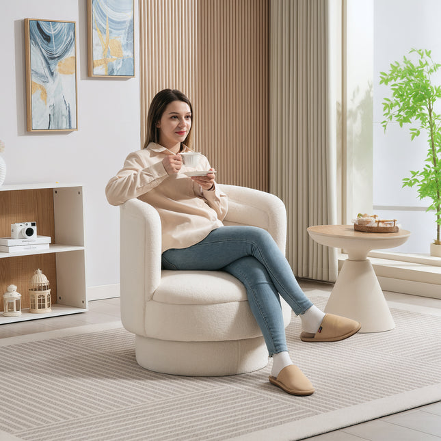 Otočné čalouněné křeslo, moderní relaxační křeslo s rámem z kaučukovníku, do obývacího pokoje, ložnice, krémově bílé