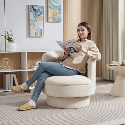 Otočné čalouněné křeslo, moderní relaxační křeslo s rámem z kaučukovníku, do obývacího pokoje, ložnice, krémově bílé