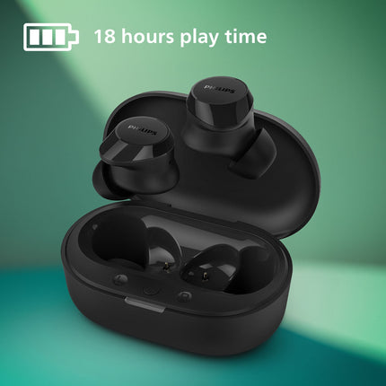 TAT1209BK True Wireless sluchátka. Malá a pohodlná. 6+18 hodin přehrávání. Třída IPX4. Černá.