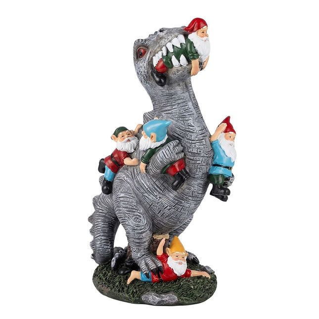 Zahradní dekorace T-Rex požírající trpaslíky, polyresin, 28,5 cm