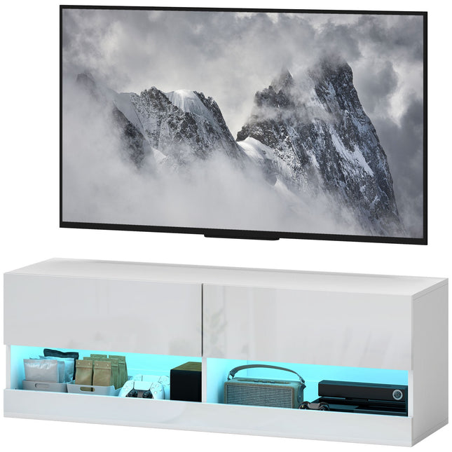 TV nástěnná skříňka s LED světlem, 16 pozic, lesklá bílá