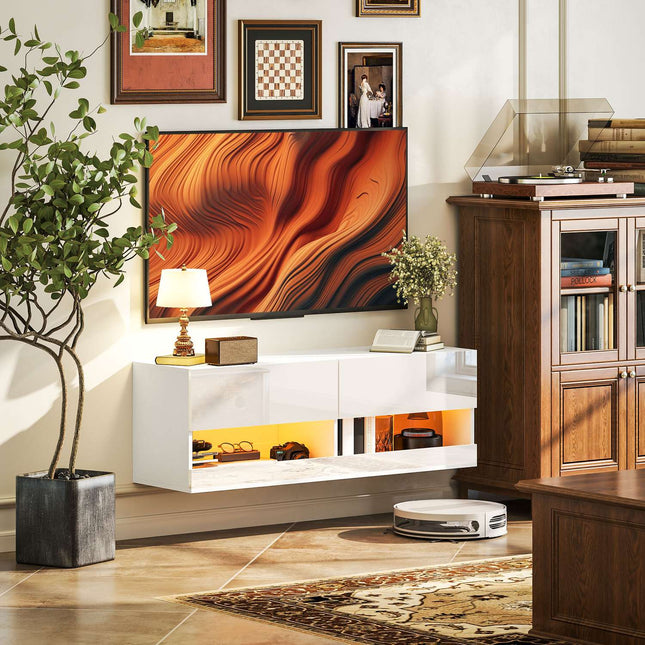 TV nástěnná skříňka s LED světlem, 16 pozic, lesklá bílá