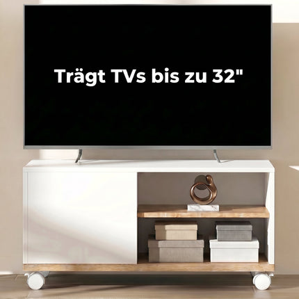 TV stolek na kolečkách s brzdami, nastavitelná police, bílý dub