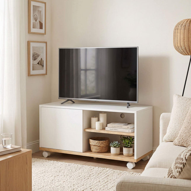 TV stolek na kolečkách s brzdami, nastavitelná police, bílý dub