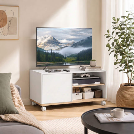TV stolek na kolečkách s brzdami, nastavitelná police, bílý dub
