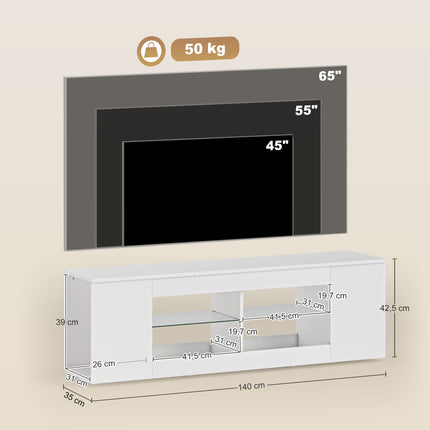 TV Stand with 6 Shelves, 2 Glass Racks, 140 cm, White