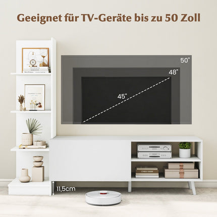 TV stolek s nastavitelnou policí a knihovnou, bílý, 140 cm