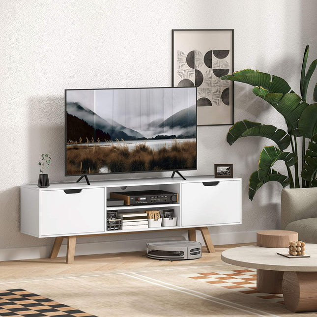 TV stolek, pro televize do 65", 2 skříňky a police, bílý