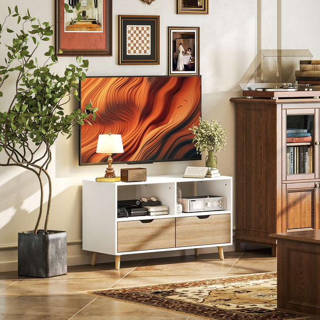 TV-kast lowboard met 2 planken, lade, 99 cm lang TV-tafel voor televisie, TV-bord voor woonkamer, wit