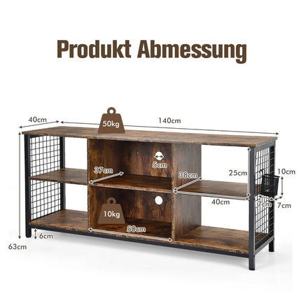 TV skříňka lowboard s otevřenými přihrádkami TV police pro televizory do 65 palců 140 x 40 x 62,5 cm rustikální hnědá