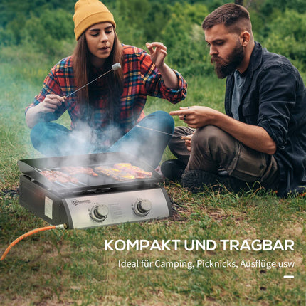 Stolní plynový gril – 2 hořáky, nerezová ocel, nepřilnavý povrch