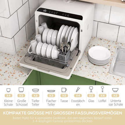 Compact tabletop dishwasher - 4 settings, 6 programs, built-in tank