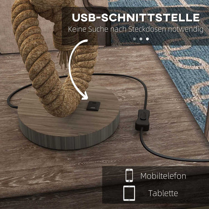 LED stolní lampa, USB nabíjecí, patice E27, kov a len