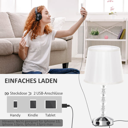 LED stolní lampa, krystal, USB nabíjecí, stříbrná, patice E27
