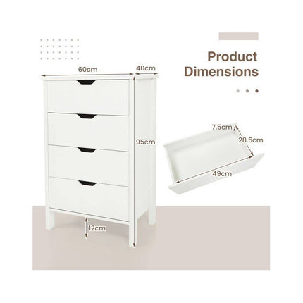 Tall 4-Drawer Storage Dresser with Anti-Tipping Kits, White, 60 x 40 x 95 cm