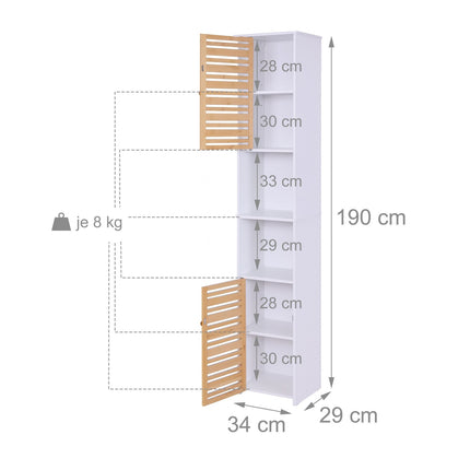 Vysoká koupelnová skříňka, 190 cm, bambusová dvířka, bílá