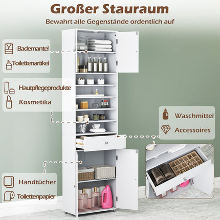 Tall Bathroom Cabinet with Drawer, Doors, Adjustable Shelves