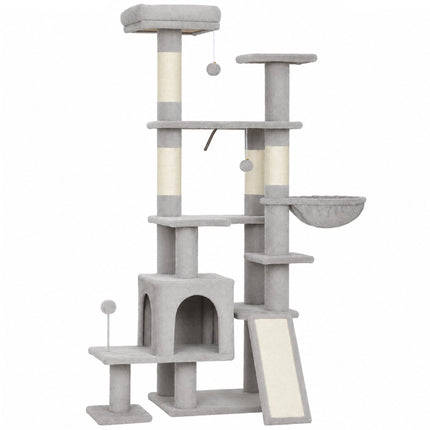 Tall Cat Tree with Hammock, Scratching Posts, Light Grey