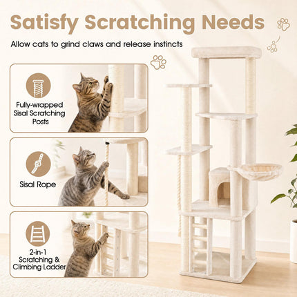 Tall Modern Cat Tree with Condo, Perch & Sisal Posts - Beige